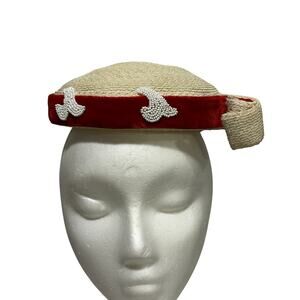 Vintage Mindy by Mary Roth White headband hat red velvet trim white beads FLAW